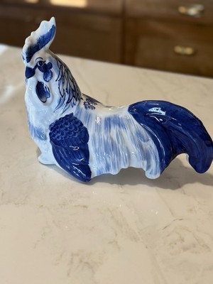Vintage Porcelain Cobalt Blue and White Porcelain Rooster, Hand Painted 12 