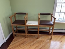 Double Billiard Chair Bench with Central Table, Brown Leather Seats
