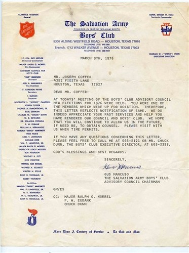 The Salvation Army Boys Club Letter Houston Texas 1976 Advisory Council
