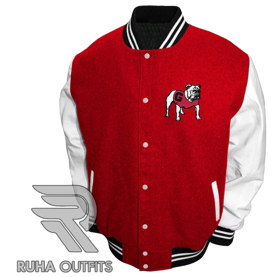 Chaqueta Universitaria Clásica Georgia Bulldogs NCAA Roja Lana/Cuero Bomber Lettermen Foto 4 de 4