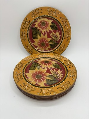 Pier 1 Imports Set of 4 Hand Painted Terracotta Sunflower Salad Plates 8.25 