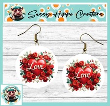 Earrings Round Gold Hook Backs Red Heart Love Flowers Valentine's Day MDF