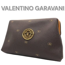Valentino Garavani Brown PVC Clutch Bag Logo Gold Hardware Auth