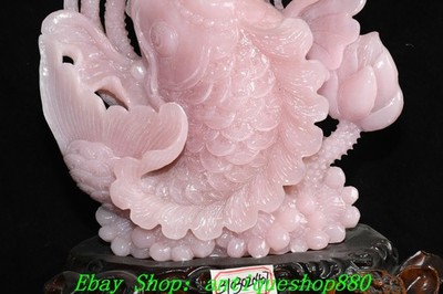15.7''Chinese Natural Pink Xiu Jade Carving Lotus Flower Fish Carp