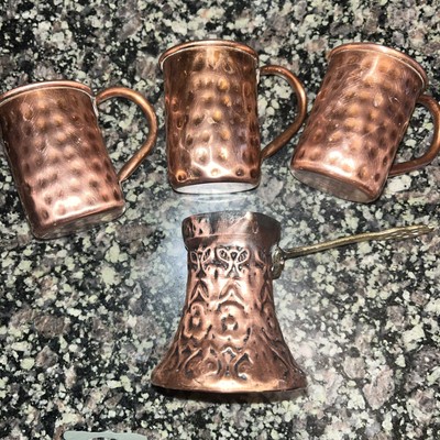 Turkish Coffee Pot With 3 Expresó Mini Copper Demi Cups 