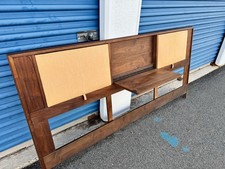 Vintage Mid-Century Walnut Headboard W/ Drop Down Shelf & Upholstered Panels
