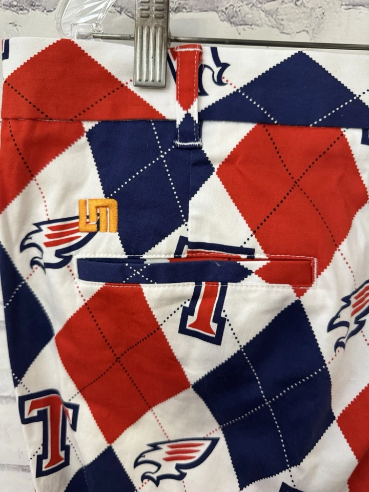 Pantalones de golf Loud Mouth para hombre 38x31 Tompkins Falcons Katy TX rojo azul Argyle Mr. T Foto 3 de 4