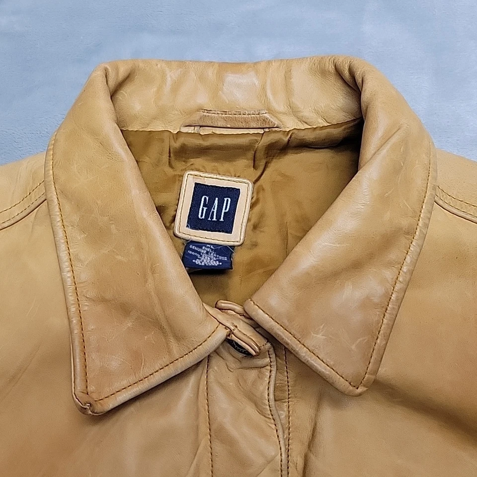 Vintage Gap Leather Jacket Womens XL TAN Leather Trucker Lined Classic Y2K 90s - Image 3 of 4
