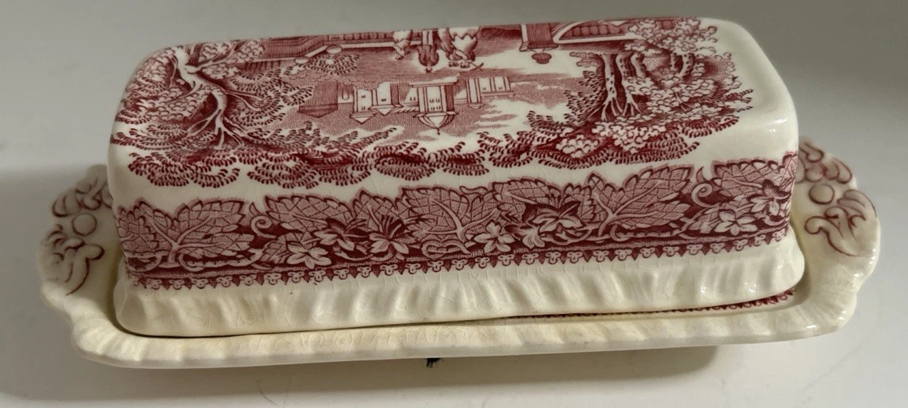 VERY RARE!! VINTAGE Mason's Vista Pink Ironstone Covered Butter Dish England -B5