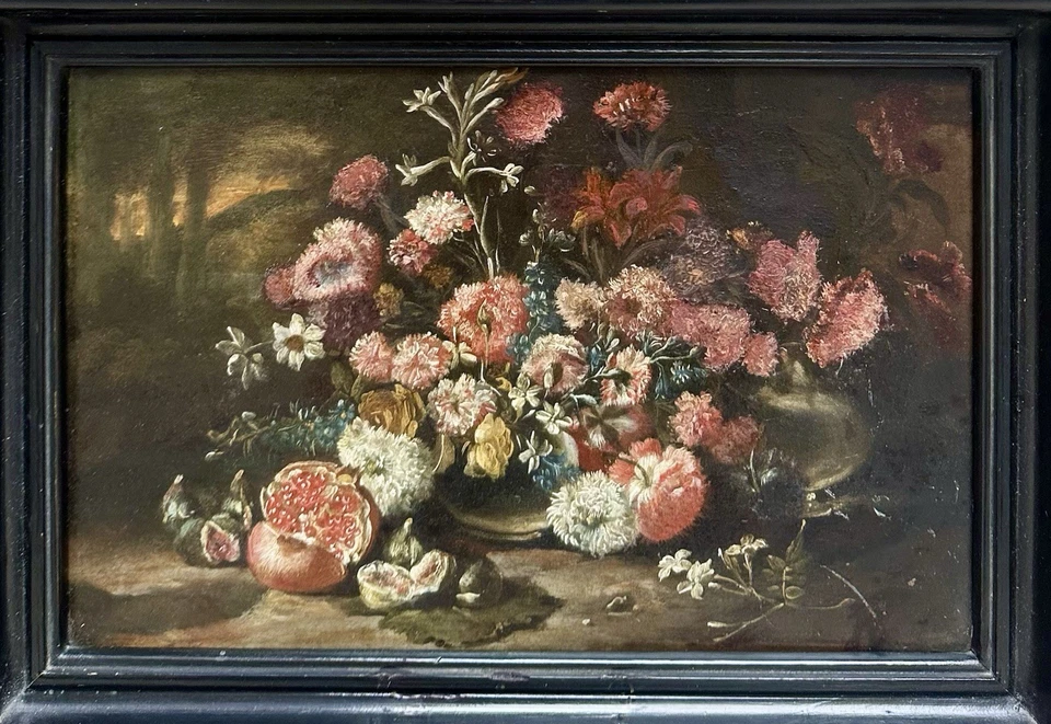 MONNOYER J-B Tableau Ancien Nature Morte Fleur Fruit Paysage Peinture Cuivre 17è - Photo 2/4