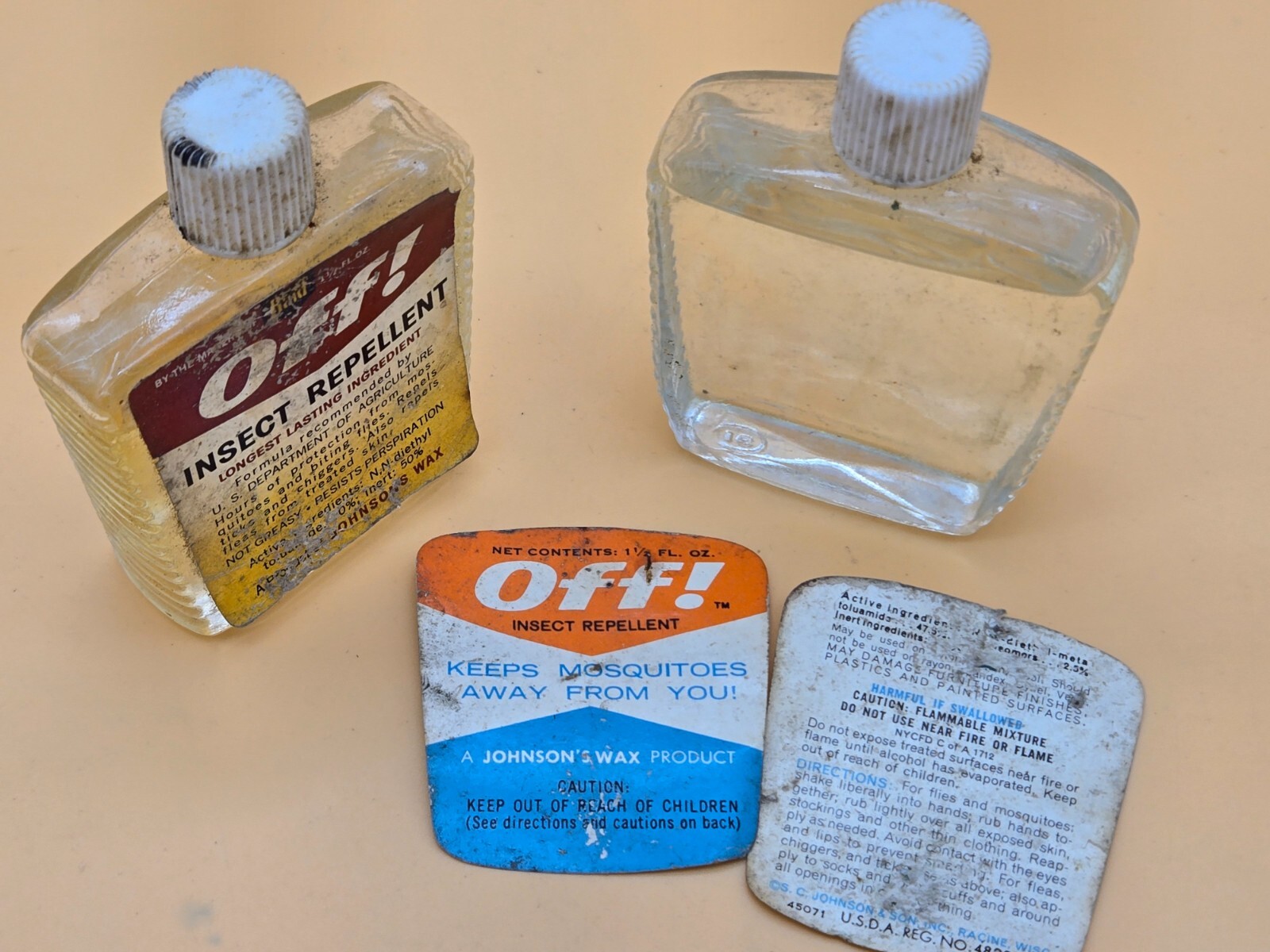 Vintage OFF INSECT REPELLENT GLASS BOTTLES - JOHNSON ADVERTISING