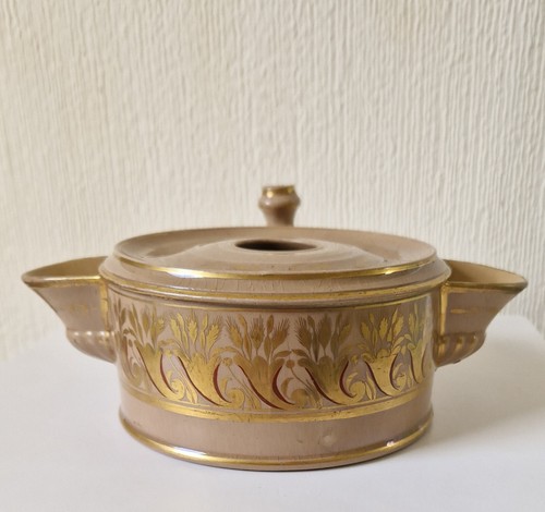 Georgian Porcelain Butterscotch Gilded Cylinder Ink Well Double Wing Handle VGC - Picture 8 of 15