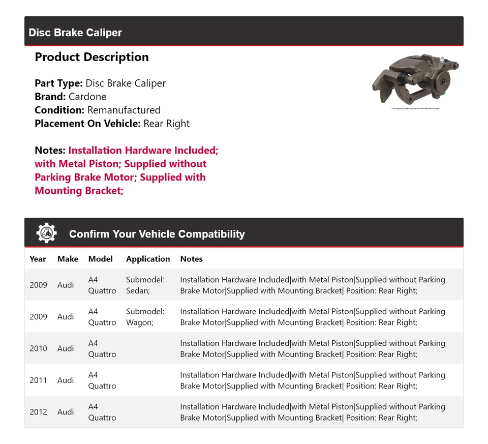 Pinza de freno de disco trasera derecha cardone 2010 2011 para Audi A4 Quattro 2009-2012 Foto 2 de 4