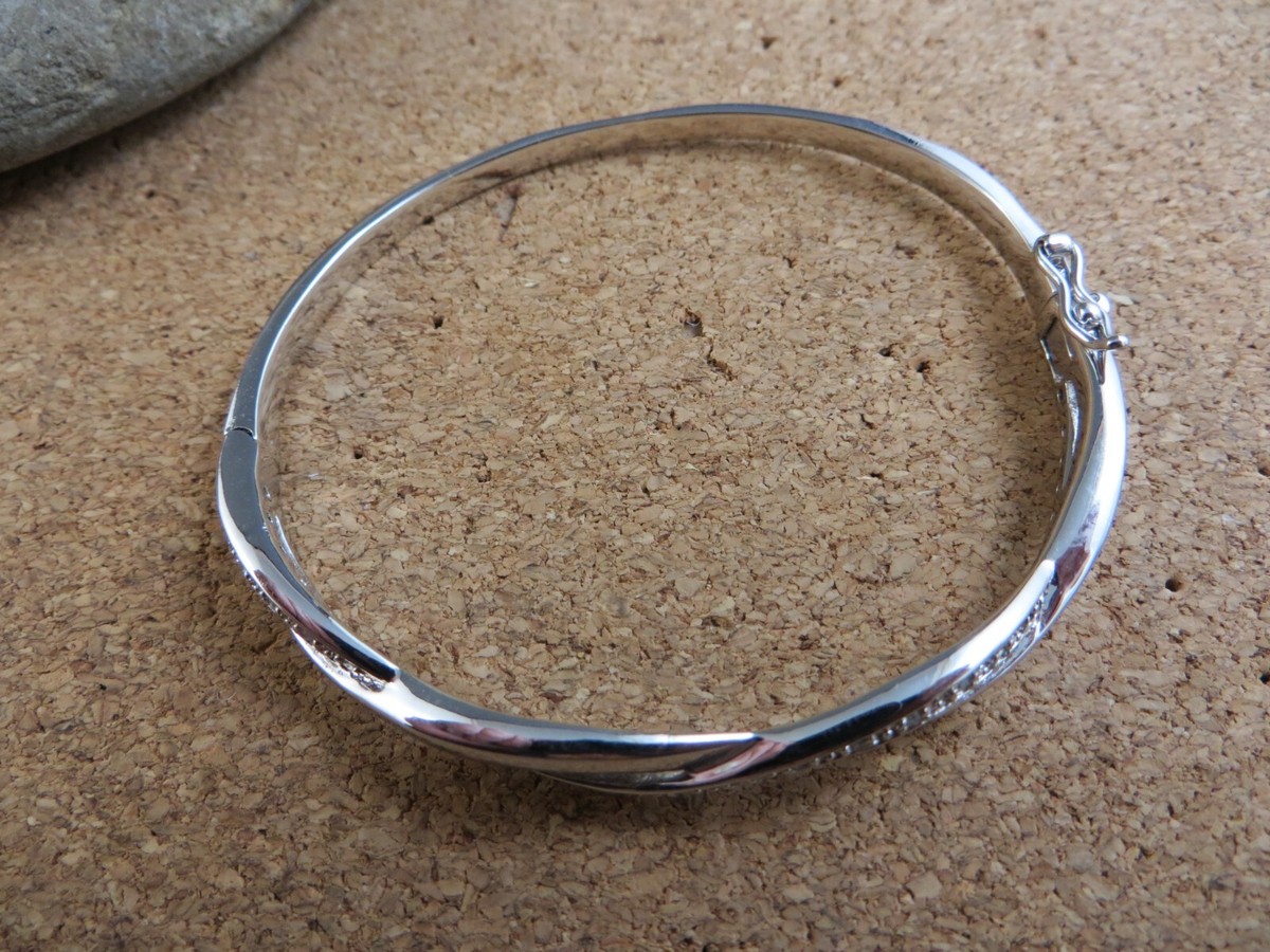 Vintage Sterling Silver 925 CZ Wave Hinged Bangle Bracelet