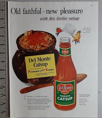 1953 Del Monte Catsup Vintage Print Ad Baked Beans Pot Pineapple Tomato Vinegar
