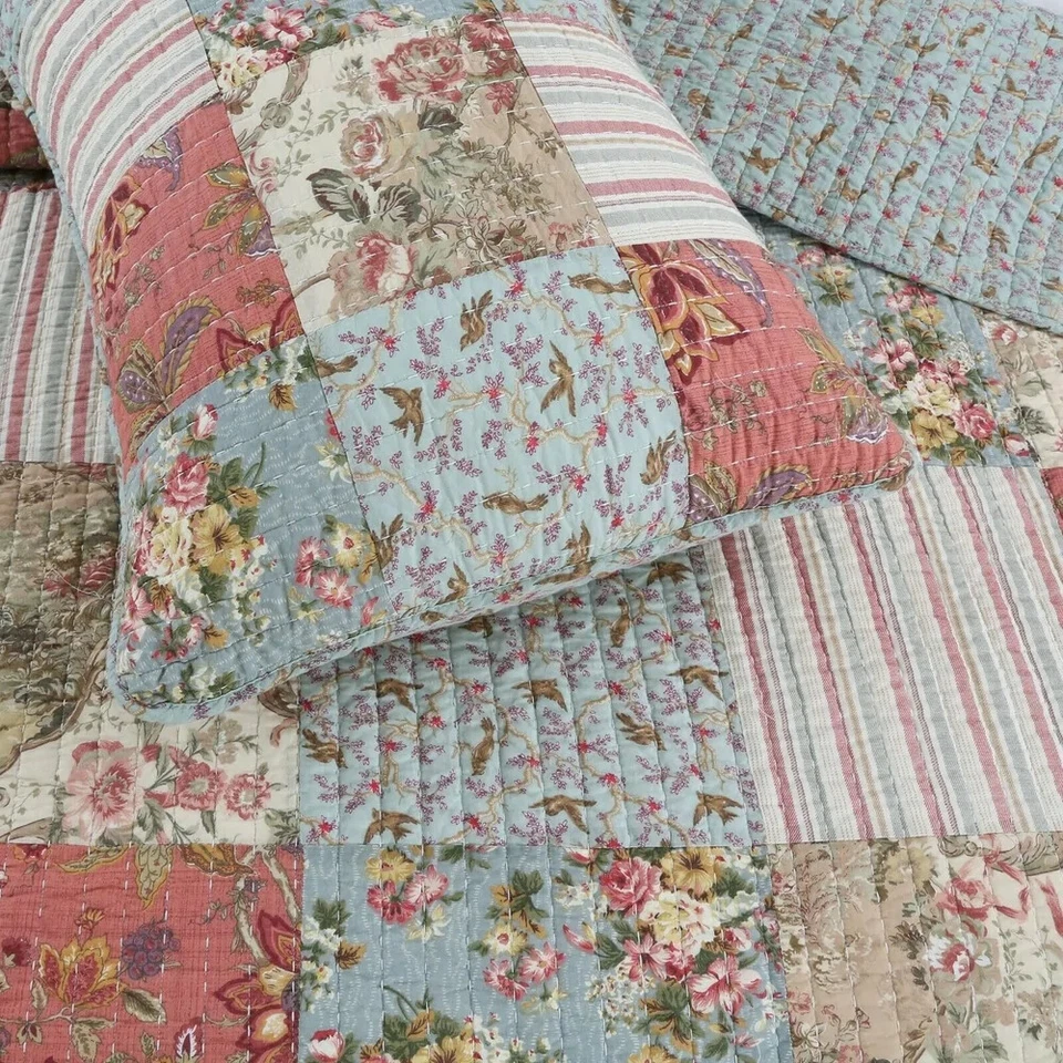 NEW! ~ COZY COTTAGE COUNTRY CHIC PINK BLUE YELLOW ROSE FLOWER SOFT QUILT SET