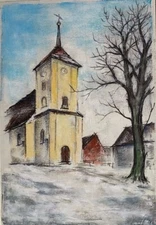 Franz Ehmke *1928 -2018 Berlin Lübars Church Houses Winter Pastel Signed
