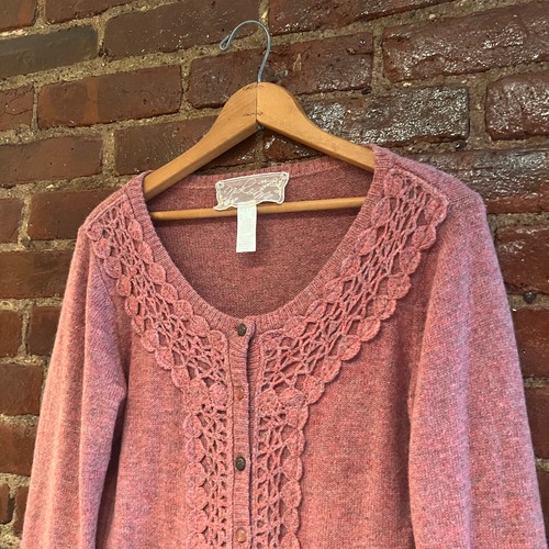Anthropologie Nick & Mo Cardigan Sweater Large Pink Wool Lattice Cottagecore - Picture 3 of 11