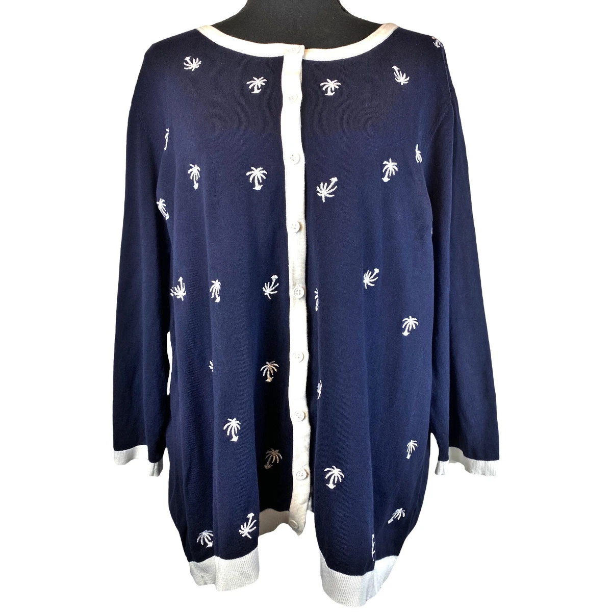 TALBOTS Navy Blue Button Down Sweater Embroidered Palm Trees