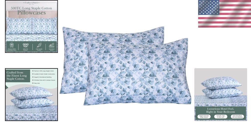豪华 500TC 大马士革缎枕套 - 2 件套,Oeko-Tex 认证公司... — 第 2/4 张图片