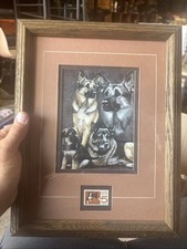 Vintage Framed German Shepherd Dog Print w/ USPS Humane Treatment Stamp