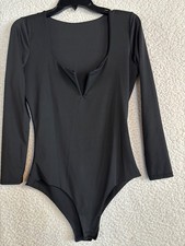 Womens Black One Piece Small 3 Snap Body Suit V Neck Long Sleeves