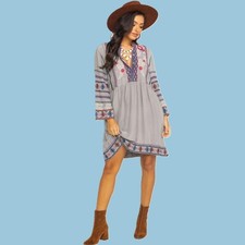 Johnny Was Ellie 100% Silk Boho Embroidered Wide Hem Yoke Dress Size 2X $428