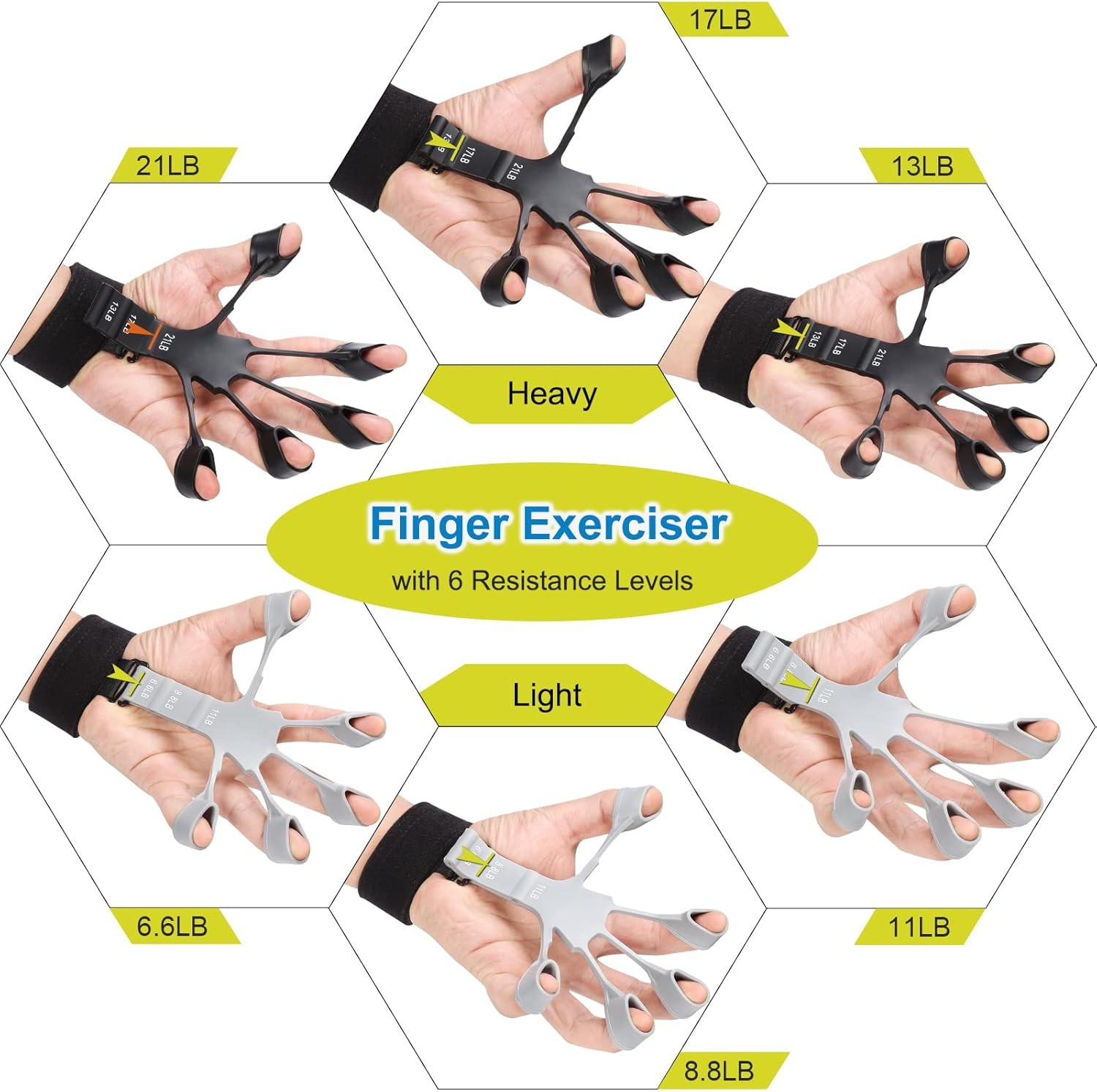 Grip Strength Trainer Kit 6 Pack with Finger Exerciser, Hand black grey 