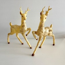 Vintage 2 Large Prancing Reindeer 12 Celluloid Red Eyes Pink Ears Glitter 1950s
