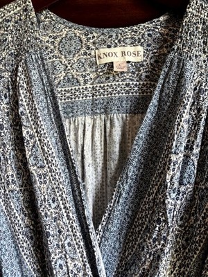 Knox Rose Dress L Blue Floral Wrap V-Neck Smocked Tie Waist Flutter Sleeve  | eBay