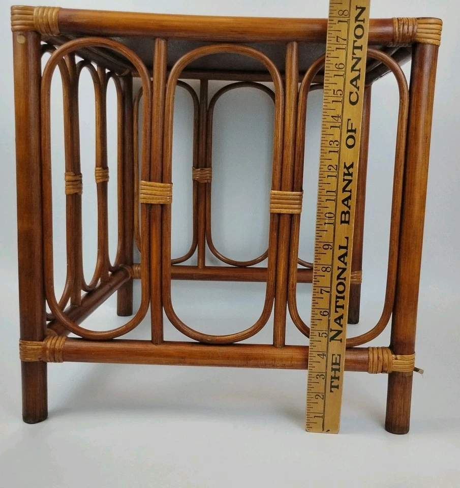 1960s Bamboo & Bent Rattan Side Nesting Table 18" Square Tiki Boho Palm Springs - Image 3 of 4