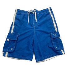 OP Ocean Pacific Swim Shorts Boys Small Blue White Cargo Board Trunks Mesh Lined