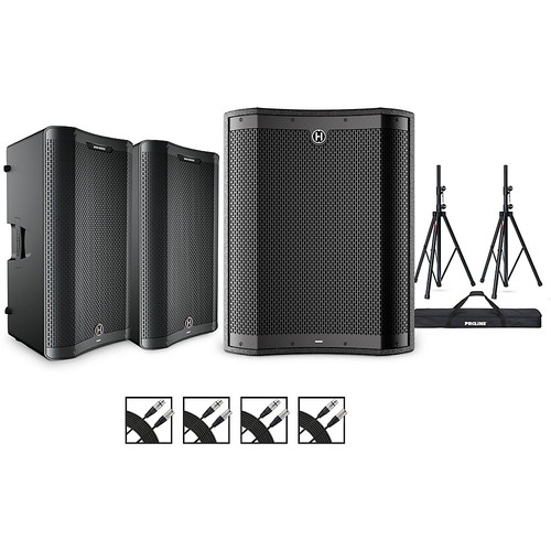 Harbinger VARI 3000 Powered Speakers Package wVS18 SubStandsCables 15" Mains
