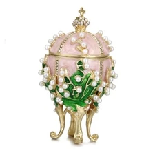 Hand Painted Enamel Pearl Flower Faberge Egg Trinket Box, Unique Hinged Pink