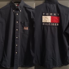 VTG 90s Tommy Hilfiger International Games Big Flag USA Spellout Button Up Sz M