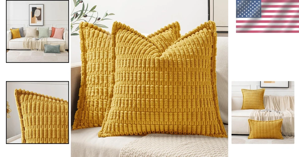 Chic Mustard Yellow Striped Throw Pillow Covers - 18x18, Set of 2 for Home Decor - Image 2 of 4