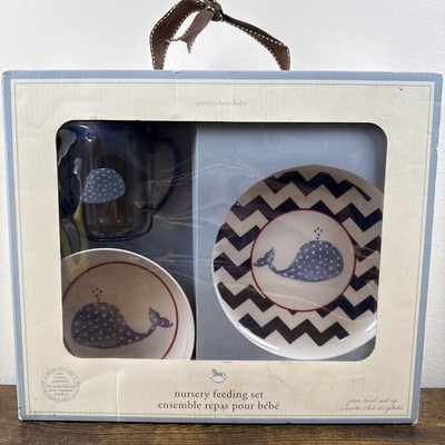 Pottery Barn Baby Nursery Feeding Set Whale Plate Bowl Cup Blue New In Box