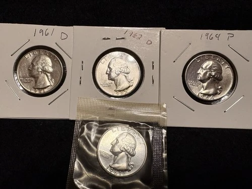 1961-D, 1962-D, 1964-P Washington Silver Quarters BU + 1961-P in Mint Cellophane