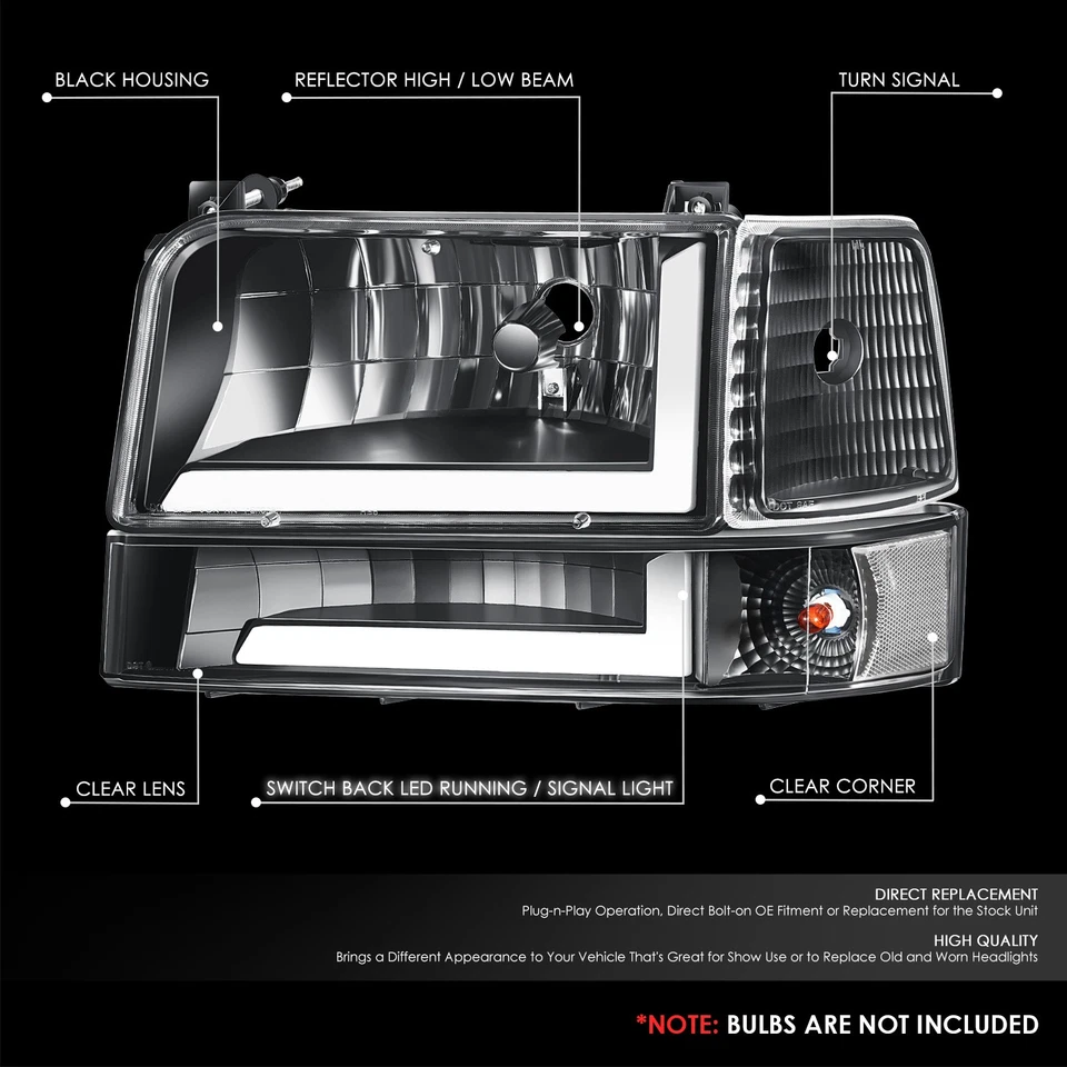 [Switchback L-LED DRL] Para 92-96 Ford F150-F350 Bronco Faros Negro/Claro Foto 2 de 4
