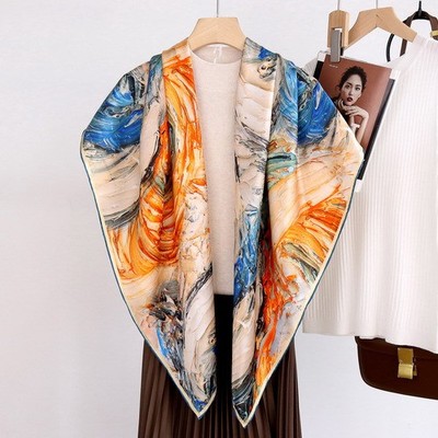High End 43.3'' Silk Scarf Abstract Vivid Colors Print Hand Rolled Hem Square