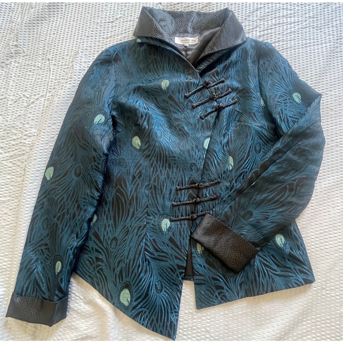 Dragon Silk Vtg Jacket Women M Blue Peacock Feather Shanghai Hanfu Cross  Closure