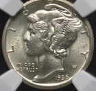 1936 S MERCURY DIME NGC MS 64 FULL BANDS LUSTROUS WHITE SATIN AND FULLY STRUCK,