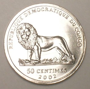 2002 Congo Democratic Republic 50 Centimes Cameron Lion Coin XF+