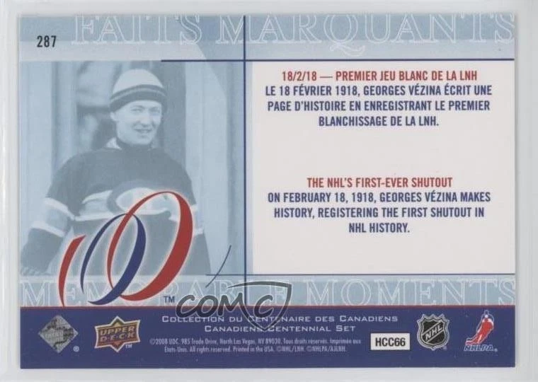 2008-09 Upper Deck Montreal Canadiens Centennial Set Georges Vezina #287 HOF - Image 2 of 2