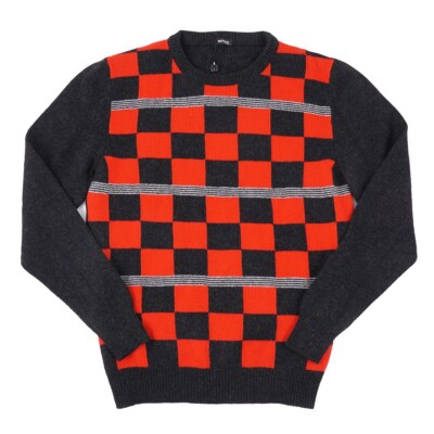 Kiton Charcoal-Red Check Patterned Knit Soft Cashmere Kiton Charcoal-Red Check Patterned Knit Soft Cashmere