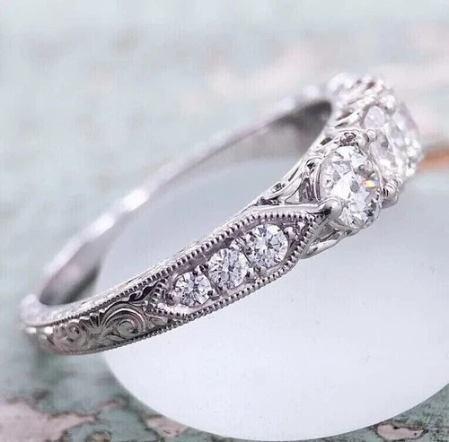 3.00 CT Moissanite Round Cut Antique Vintage Art Deco Ring 14K White Gold Plated