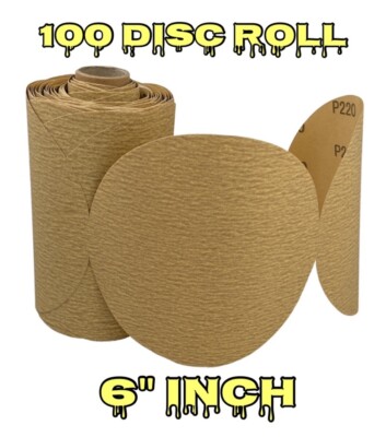  (100 Pack) 220 Grit 6'' Inch Discs On a Roll PSA Gold Sticky Back Sanding Paper