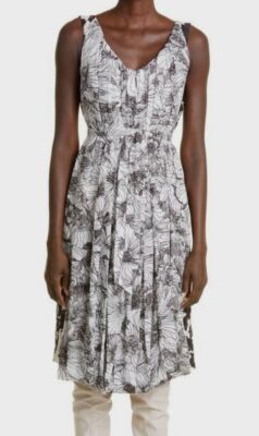 $674 Dries Van Noten Women's White Damara Floral Silk Blend A-Line Dress Size 36