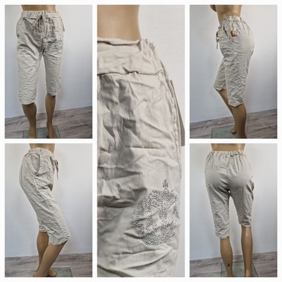trendige Capri Bermuda Schlupfhose Stretch versch. Farben Glitzer-Krone  40 - 44
