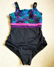 Womens Swim Suit-SWIMSUITS FOR ALL-black/pink leaf nylon stretch one piece-16